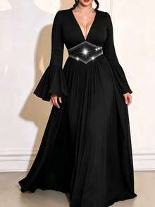 Vibekara French Style Deep V-Neck Black Dress, High Waist Rhinestone Embellished Cinched Waist, Flared Long Sleeves, Draped Slimming Long Dress Fall - Black - View 1