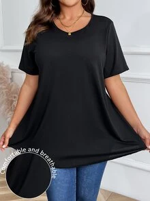 Plus Size Solid Color Round Neck Short Sleeve Casual Top - Black - View 1