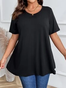 Plus Size Solid Color Round Neck Short Sleeve Casual Top - Black - View 7