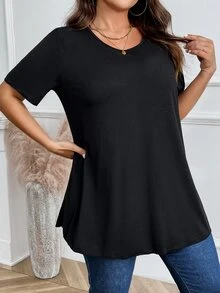 Plus Size Solid Color Round Neck Short Sleeve Casual Top - Black - View 6