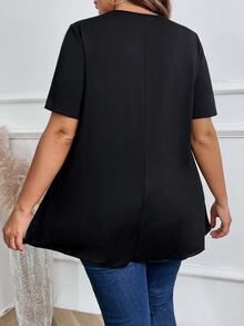 Plus Size Solid Color Round Neck Short Sleeve Casual Top - Black - View 2