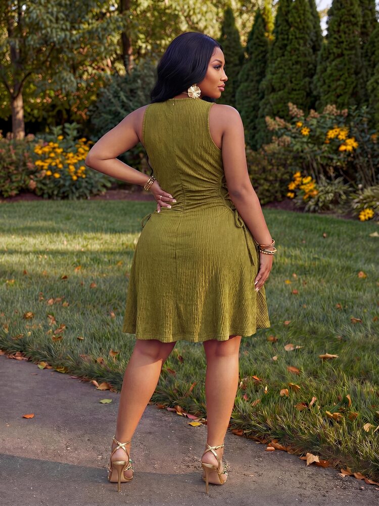 Zivah 2026 Spring/Summer Women's Plus Size New Music Festival Anniversary Graduation Season Basic Versatile Cruise Travel Sexy Beach Elegant Romantic Classic Yellow Green Textured Fabric Sleeveless Round Neck Cinched Waist A-Line Short Dress - Olive Green - View 4
