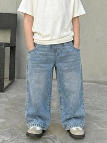 小男孩秋冬保暖抓絨內裡復古藍色牛仔褲，兒童男孩校服、街頭風與日常穿搭牛仔褲，幼兒保暖牛仔褲 - 中等水洗藍 - 查看 4