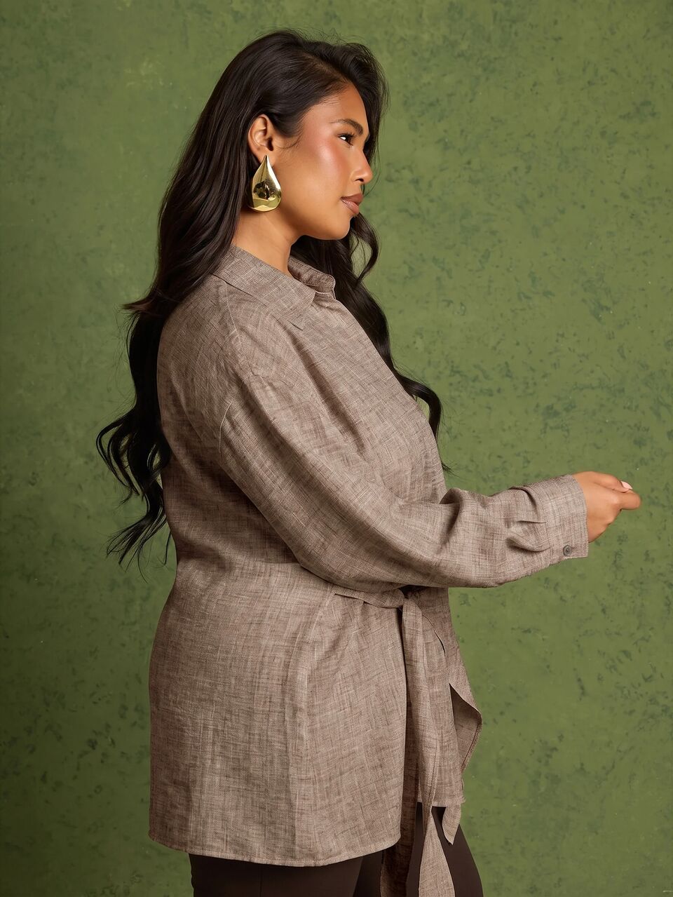 Plus Size Linen Feel Casual Long Sleeve Tie Side Blouse Smart Casual Classy Shirt Loose Fit Oversized Elegant Chic Travel Airport Fall Winter Autumn New Season Trending Holiday Vacation Butter Mocha Brown Wear To Work Office Work Wear