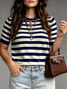 SHEIN LUNE CURVE Plus Size Fitted Casual Commute Minimalist Knit Top - Navy Blue - View 5