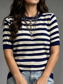 SHEIN LUNE CURVE Plus Size Fitted Casual Commute Minimalist Knit Top - Navy Blue - View 6