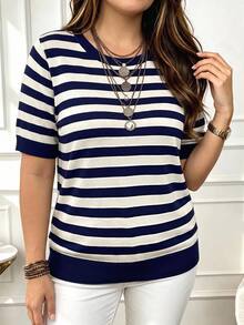 SHEIN LUNE CURVE Plus Size Fitted Casual Commute Minimalist Knit Top - Navy Blue - View 7