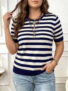 SHEIN LUNE CURVE Plus Size Fitted Casual Commute Minimalist Knit Top - Navy Blue - View 8