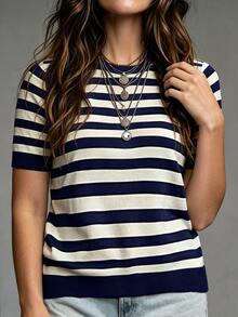 SHEIN LUNE CURVE Plus Size Fitted Casual Commute Minimalist Knit Top - Navy Blue - View 1