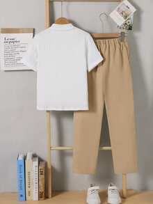 SHEIN Older Boys White Striped Short Sleeve Shirt Pants Set, Elegant Old Money Modest Family Matching Outfit For Wedding School, Prom, Black Autumn - Khaki - View 2