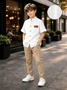 SHEIN Older Boys White Striped Short Sleeve Shirt Pants Set, Elegant Old Money Modest Family Matching Outfit For Wedding School, Prom, Black Autumn - Khaki - View 1