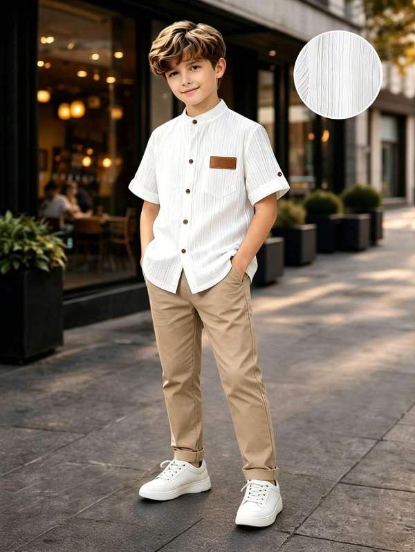 SHEIN Set di camicia a maniche corte a righe bianche e pantaloni per ragazzi più grandi, elegante outfit modesto stile Old Money coordinato per la famiglia, adatto per matrimonio, scuola, ballo, autunno nero