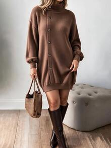SHEIN LUNE Fall/Winter Plus Size Women's Camel Color Faux Fur Knit Semi-High Neck Diagonal Button Loose Drop Shoulder Long Casual Shopping Home Basic Asual Dress - Camel - View 2
