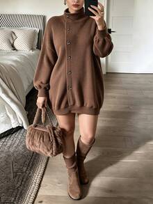 SHEIN LUNE Fall/Winter Plus Size Women's Camel Color Faux Fur Knit Semi-High Neck Diagonal Button Loose Drop Shoulder Long Casual Shopping Home Basic Asual Dress - Camel - View 1