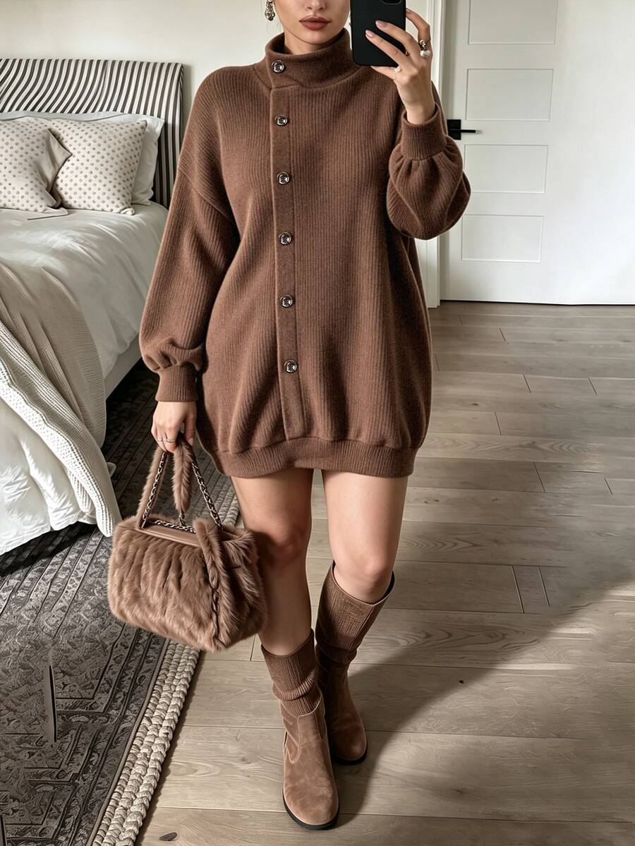 SHEIN LUNE Fall/Winter Plus Size Women's Camel Color Faux Fur Knit Semi-High Neck Diagonal Button Loose Drop Shoulder Long Casual Shopping Home Basic Asual Dress - Camel - View 1