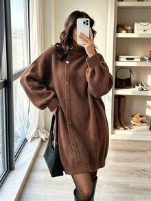 SHEIN LUNE Fall/Winter Plus Size Women's Camel Color Faux Fur Knit Semi-High Neck Diagonal Button Loose Drop Shoulder Long Casual Shopping Home Basic Asual Dress - Camel - View 3