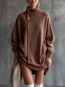SHEIN LUNE Fall/Winter Plus Size Women's Camel Color Faux Fur Knit Semi-High Neck Diagonal Button Loose Drop Shoulder Long Casual Shopping Home Basic Asual Dress - Camel - View 6