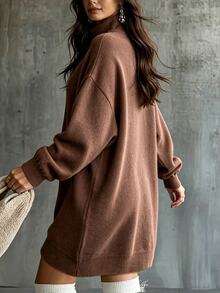 SHEIN LUNE Fall/Winter Plus Size Women's Camel Color Faux Fur Knit Semi-High Neck Diagonal Button Loose Drop Shoulder Long Casual Shopping Home Basic Asual Dress - Camel - View 5