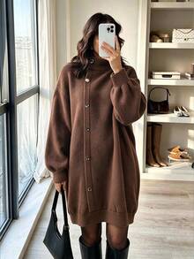SHEIN LUNE Fall/Winter Plus Size Women's Camel Color Faux Fur Knit Semi-High Neck Diagonal Button Loose Drop Shoulder Long Casual Shopping Home Basic Asual Dress - Camel - View 4