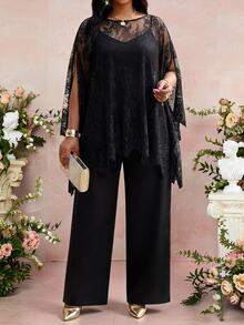 Fleurora Plus Size Women's Lace Split Sleeve Top And Wide Leg Pants Elegant Set Fall - Black - View 6