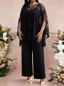 Fleurora Plus Size Women's Lace Split Sleeve Top And Wide Leg Pants Elegant Set Fall - Black - View 5