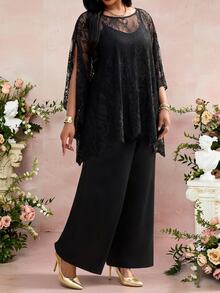 Fleurora Plus Size Women's Lace Split Sleeve Top And Wide Leg Pants Elegant Set Fall - Black - View 3