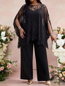 Fleurora Plus Size Women's Lace Split Sleeve Top And Wide Leg Pants Elegant Set Fall - Black - View 4