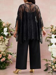 Fleurora Plus Size Women's Lace Split Sleeve Top And Wide Leg Pants Elegant Set Fall - Black - View 2