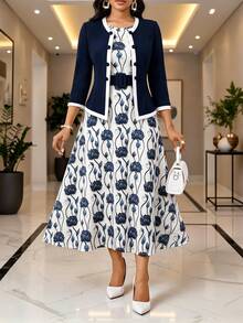 Fleurora Women's Floral Print Dress And Cardigan Casual Daily 2 Pieces Set - Multicolor - View 3