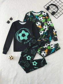 SHEIN 4件組兒童青少年男孩休閒日常舒適足球印花圓領套頭睡衣上衣與長褲針織居家服緊身套裝 - 黑色 - 查看 3