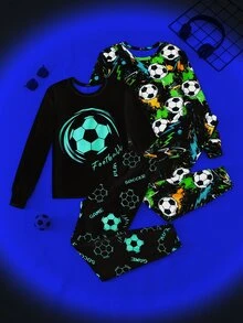 SHEIN 4件組兒童青少年男孩休閒日常舒適足球印花圓領套頭睡衣上衣與長褲針織居家服緊身套裝 - 黑色 - 查看 8