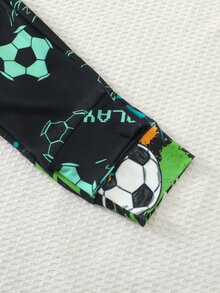 SHEIN 4件組兒童青少年男孩休閒日常舒適足球印花圓領套頭睡衣上衣與長褲針織居家服緊身套裝 - 黑色 - 查看 5