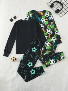 SHEIN 4件組兒童青少年男孩休閒日常舒適足球印花圓領套頭睡衣上衣與長褲針織居家服緊身套裝 - 黑色 - 查看 2