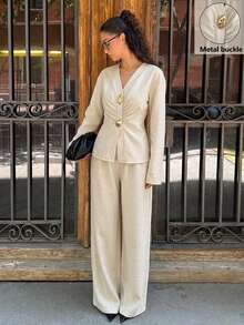 Siren Gaze Elegant Women's Commuter-Style Long-Sleeve V-Neck Metal-Button Button-Up Shirt And Wide-Leg Pants Two Pieces Set, Business Casual Autumn Office Beige - Apricot - View 8