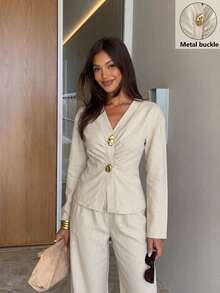 Siren Gaze Elegant Women's Commuter-Style Long-Sleeve V-Neck Metal-Button Button-Up Shirt And Wide-Leg Pants Two Pieces Set, Business Casual Autumn Office Beige - Apricot - View 2