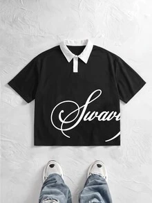 NORVETH 男士夏季休閒標準版型短袖 Polo 衫，藍白拼接配色附刺繡 - 黑色 - 查看 4