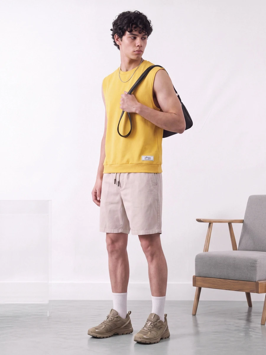 NORVETH Men's Solid Color Round Neck Casual Versatile Daily Wear Top - Yellow - View 1