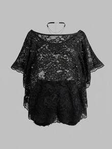 SHEIN CURVE+ Women's Plus Size Lace Top, Halloween, Party Season, Fall/Winter 26 - Black - View 5
