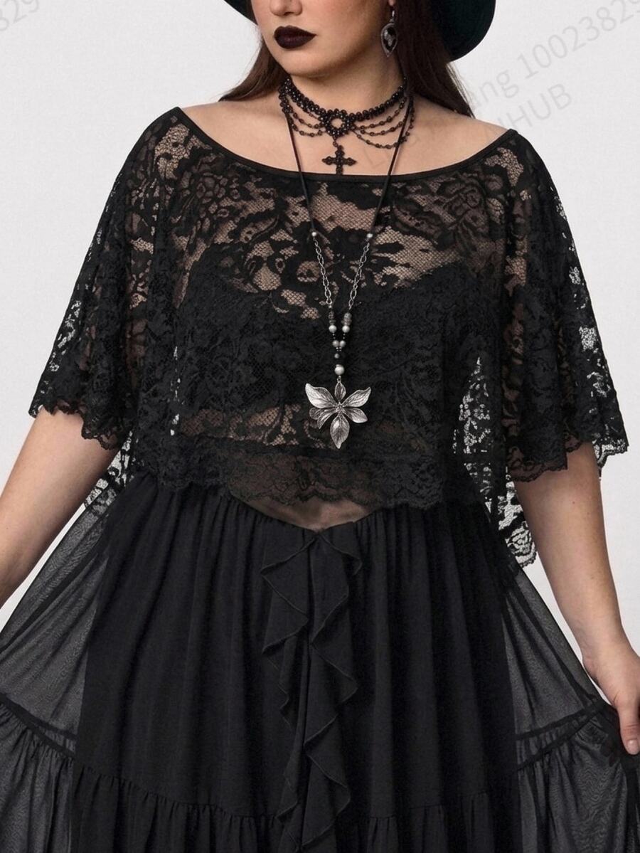 SHEIN CURVE+ Women's Plus Size Lace Top, Halloween, Party Season, Fall/Winter 26 - Black - View 1