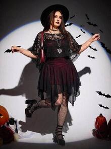 SHEIN CURVE+ Women's Plus Size Lace Top, Halloween, Party Season, Fall/Winter 26 - Black - View 2