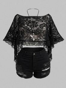 SHEIN CURVE+ Women's Plus Size Lace Top, Halloween, Party Season, Fall/Winter 26 - Black - View 6