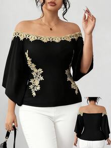Elenzga Plus Size Off-Shoulder Embroidered Applique Elegant Fashion T-Shirt - Black - View 1
