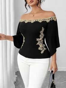 Elenzga Plus Size Off-Shoulder Embroidered Applique Elegant Fashion T-Shirt - Black - View 6