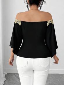 Elenzga Plus Size Off-Shoulder Embroidered Applique Elegant Fashion T-Shirt - Black - View 2