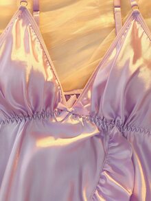 DelicateAllure Light Purple Satin Kawaii Cute Coquette Babydoll Lolita Ruffle Asymmetrical Elegant Pure Plus Size Nightgown - Mauve Purple - View 6