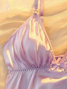 DelicateAllure Light Purple Satin Kawaii Cute Coquette Babydoll Lolita Ruffle Asymmetrical Elegant Pure Plus Size Nightgown - Mauve Purple - View 4