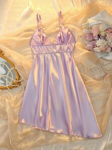 DelicateAllure Light Purple Satin Kawaii Cute Coquette Babydoll Lolita Ruffle Asymmetrical Elegant Pure Plus Size Nightgown - Mauve Purple - View 2
