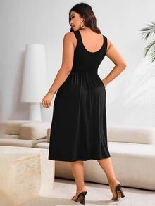 SHEIN Clasi 大码纯色褶皱休闲夏季长款女装 - 黑色 - 查看 2
