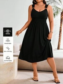 SHEIN Clasi 大码纯色褶皱休闲夏季长款女装 - 黑色 - 查看 1