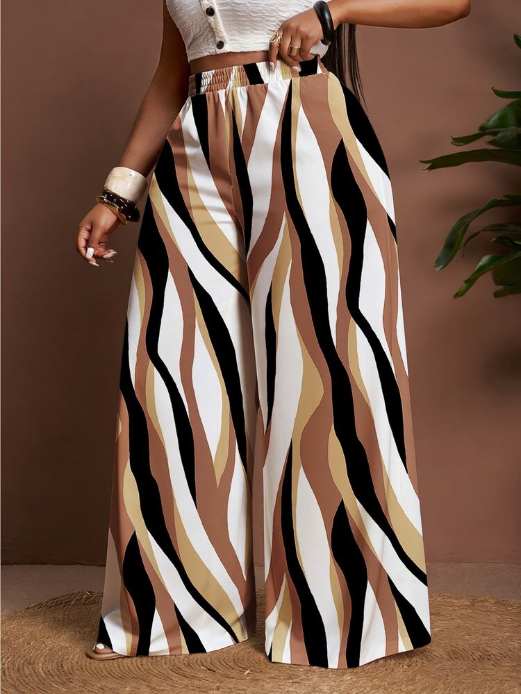 Zivah Plus Size Women Elastic Waist Color Block Casual Loose Fit Wide Leg Pants, Versatile For Daily Wear Vacation High Classy Palazzo Fall - Multicolor - View 5